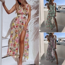 Sexy V-neck Slit Hem Sleeveless Printed Dress