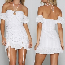 Sexy Off-shoulder Short Sleeve Drawstring Halter Dress