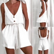 Sexy Backless V-neck High Waist Solid Color Sling Romper