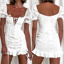 Fashion Short Sleeve Square Collar Ruffle Hem Slim Fit Dress