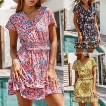 Sweet Style Short Sleeve V-neck High Waist Printed Dress
