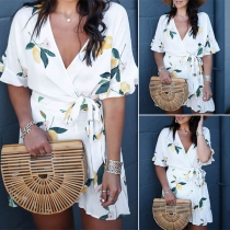 Fresh Style Short Sleeve V-neck Ruffle Hem Printed Dress