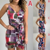 Sexy Backless V-neck Irregular Ruffle Hem Printed Sling Dress