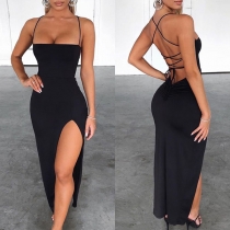 Sexy Backless Slit Hem Solid Color Sling Dress