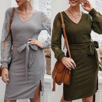 Sexy V-neck Lace Spliced Long Sleeve Slim Fit Knit Dress
