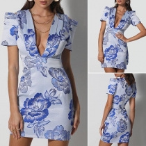 Sexy Deep V-neck Short Sleeve High Waist Slim Fit Printed Dress