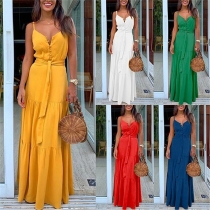 Sexy Backless V-neck High Waist Solid Color Sling Dress