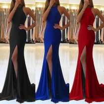 Sexy Hollow Out Slit Hem Sleeveless Floor-length Dress