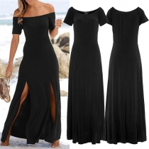 Sexig off-shoulder båthals kortärmad slitsfållklänning