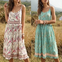 Sweet Style Ruffle Spliced Printed Sling Dress