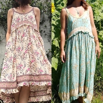 Bohemian Style Ruffle Spliced Printed Sling Dress