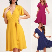 Sexy V-neck Short Sleeve High Waist Solid Color Dress