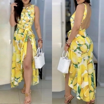 Sexy Backless Slit Hem Sleeveless Printed Dress