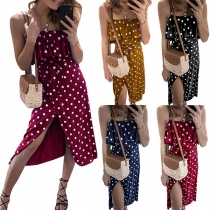 Sexy Backless Slit Hem Dots Printed Sling Dress