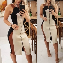 Fashion Contrast Color Front-zipper Slim Fit Sling Dress