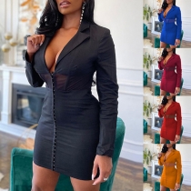 Sexy Deep V-neck Long Sleeve Contrast Color Lace-up Dress