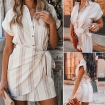 Fashion Short Sleeve POLO Collar Striped Shirt Dress
