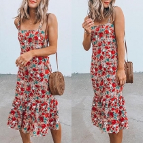 Sexy Backless Ruffle Hem Printed Sling Dress