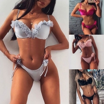 Sexy Low-waist Solid Color Ruffle Bikini Set