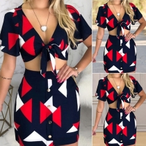 Sexy Short Sleeve V-neck Printed Crop Top + Skirt Two-piece Set