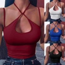 Sexy Backless Hollow Out Solid Color Halter Top