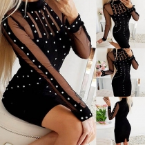 Sexy Rhinestone Gauze Spliced Long Sleeve Mock Neck Dress