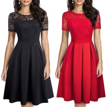 Sexy Lace Spliced Short Sleeve Round Neck High Waist Dress