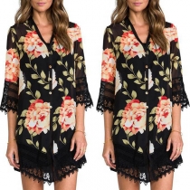 Fashion Lace Spliced Half Sleeve V-neck Printed Chiffon Cardigan