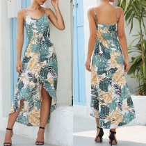Sexy Backless V-neck Irregular Hem Printed Sling Dress