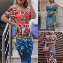 Sexy Off-shoulder Boat Neck Slim Fit Printed Dress