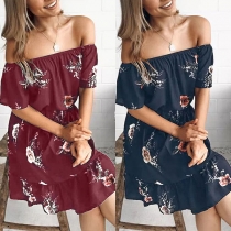 Sexy Off-shoulder Boat Neck High Waist Printed Dress