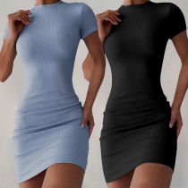 Simple Style Short Sleeve Round Neck Solid Color Slim Fit Dress