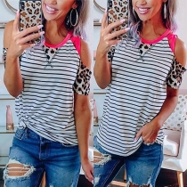 Sexy Off-shoulder Leopard Printed Short Sleeve Striped T-shirt