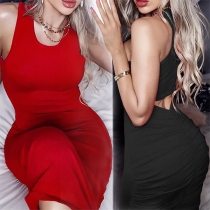 Sexy Hollow Out Sleeveless Slim Fit Solid Color Tank Dress