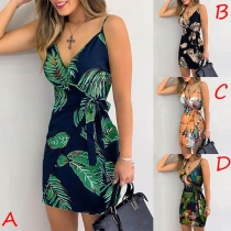 Sexy Backless V-neck Slim Fit Printed Sling Dress