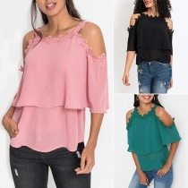 Sexy Off-shoulder Short Sleeve Round Neck Lace Spliced Top