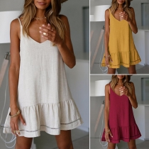 Sexy Backless V-neck Ruffle Hem Solid Color Sling Dress