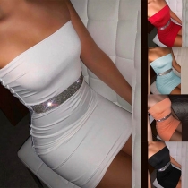 Sexy Strapless Rhinestone Spliced High Waist Slim Fit Dress(The size runs small)