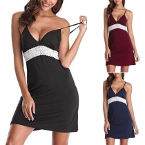 Sexy Backless V-neck Lace Spliced Half-translucent Lingerie Dress