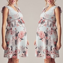 Sweet Style Lotus Sleeve Round Neck Printed Maternity Dress