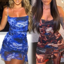 Sexy Backless Irregular Hem Printed Sling Dress