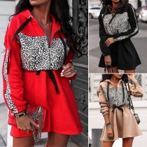 Fashion Leopard Spliced Long Sleeve Hooded Plush Dress(The size falls big)
