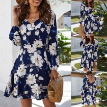 Sexy Backless V-neck High Waist Long Sleeve Printed Dress