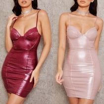 Sexy Backless V-neck Slim Fit Sling PU Leather Dress