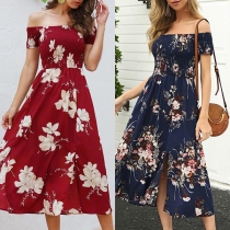 Sexy Off-shoulder Boat Neck Slit Hem Printed Dress