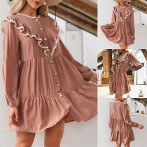 Sweet Style Long Sleeve Round Neck Single-breasted Ruffle Dress