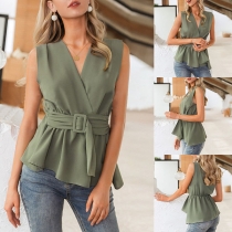 Fashion Solid Color Sleeveless V-neck Irregular Hem Top