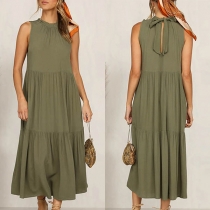 Bohemian Style Sleeveless Round Neck Solid Color Dress