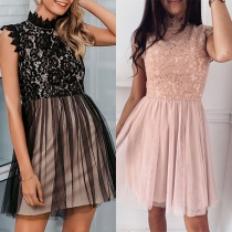 Sexy Lace Spliced Sleeveless Mock Neck Slim Fit Dress