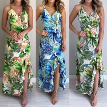Sexy Backless V-neck Slit Hem Printed Sling Dress